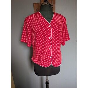 80s Red Polka Dot Short Sleeve Blouse, Vintage Womens Top Size L